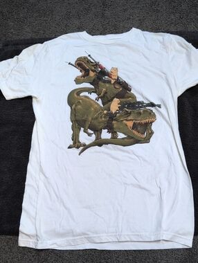 Threadless White Kids Tee with Green Dinosaur Riders Graphic